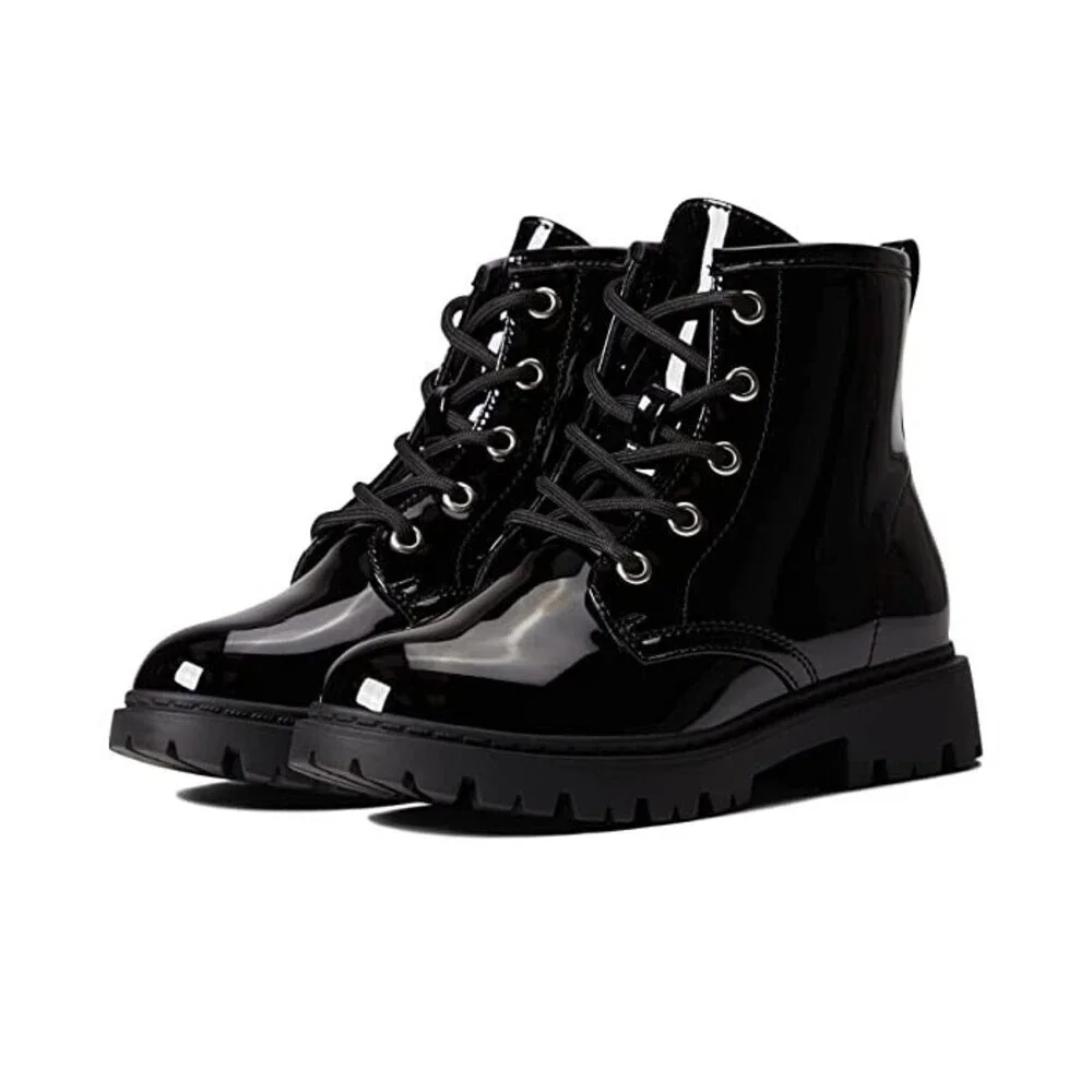 Steve Madden Rockk Boots Kids US 9 Black Patent Round Toe Ankle Combat ZPO3411